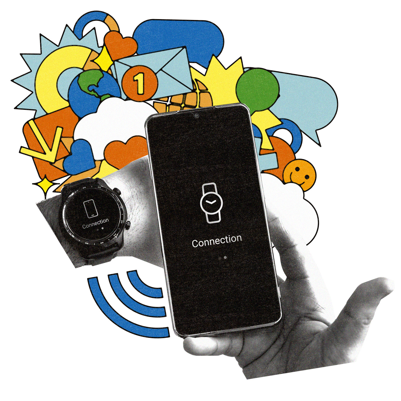 A smart watch with illustrated drawings.